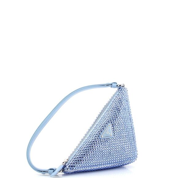 Prada Triangle Top Handle Pouch Bag Crystal Embellished Satin Mini Blue - Picture 2 of 6